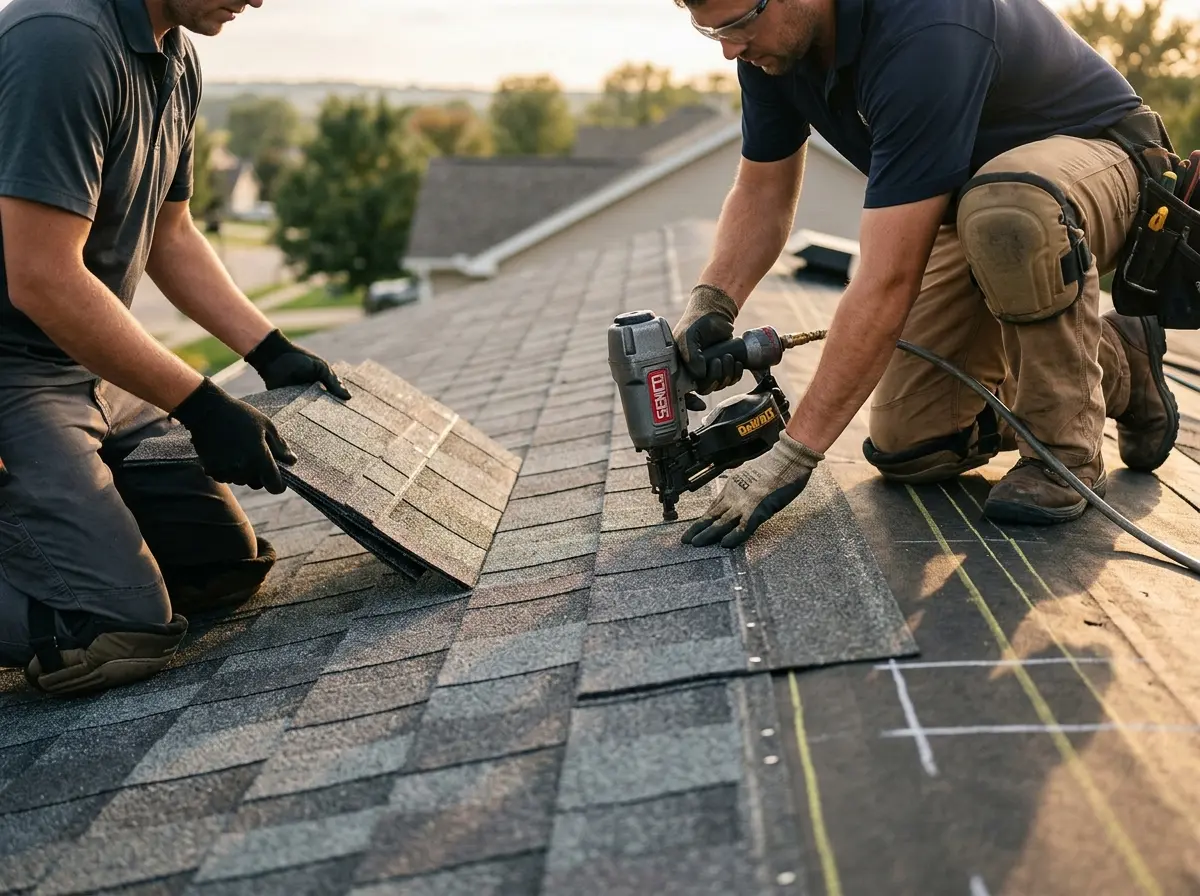Professional roofer working on a residential roof in Ada